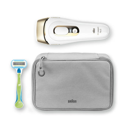 Unboxed birdseye view of the Braun Silk-Expert Pro 5 PL5014 IPL Hair Removal Device, Venus Extra Smooth Razor and Travel Bag